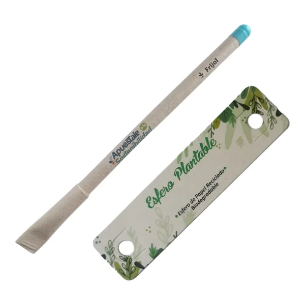 Esfero plantable de papel reciclado con semilla y etiqueta de cartón, ejemplo personalizado con logo