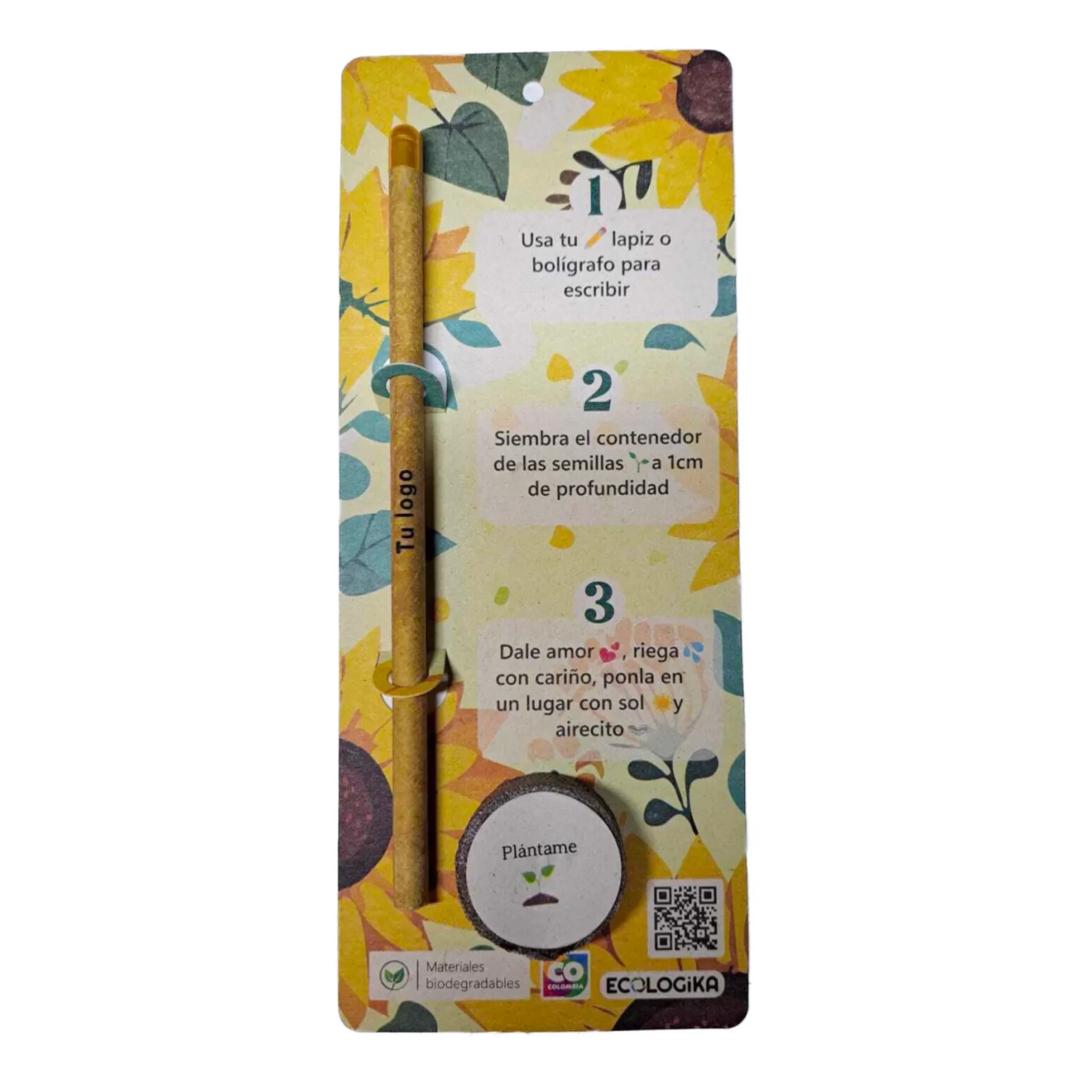 Kit de siembra express: lápiz plantable con logo, instrucciones de siembra y pastilla de tierra con semillas sobre cartón de girasoles